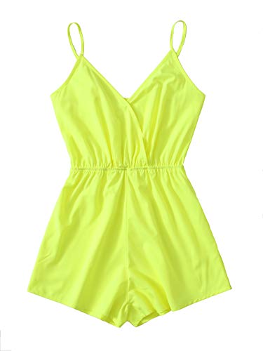 Verdusa Women s Solid Color Wrap Spaghetti Strap Romper Cami Jumpsuit Neon Green L