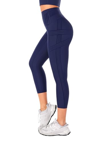 Fanka Powerband Resistance Leggings for Women 7/8 LengthSculpting Compression with Built-in Bands Reversible Wear Navy XL