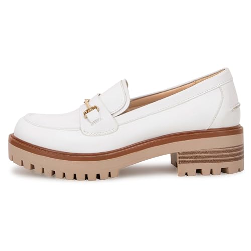 Image of VETASTE Women's Platform Chunky Heel Loafers Slip on Business Casual Shoes | Classic Closed Round Toe, Lug Sole, Work Office Uniform Oxfords, Metal Chain