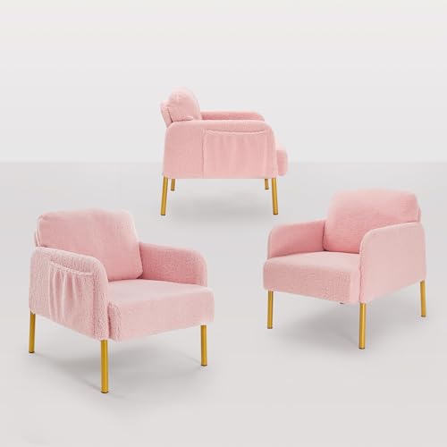 Mondeer Sessel, Einzel Loungesofa mit Seitentasche mit Metallbeinen Gemütlicher Kunstlammfell Stoff Modern, für Wohnzimmer Schlafzimmer Arbeitszimmer, 63 x 75 x 75 cm, Rosa