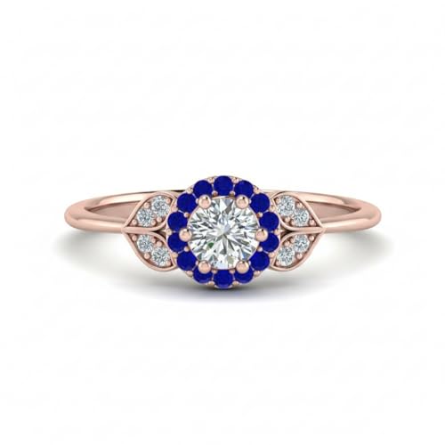 Image of Rose Gold Plated Diamond CZ & Blue Sapphire Petal Halo Engagement Ring for Women, Petite Round Shape Wedding & Everyday Jewelry, Handmade Gift for Wife US Size 4-12