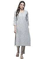 Ada Women’s Hand Embroidered Traditional Indian Chikankari Pure Cotton Grey Kurta/Kurti A411386 (M)