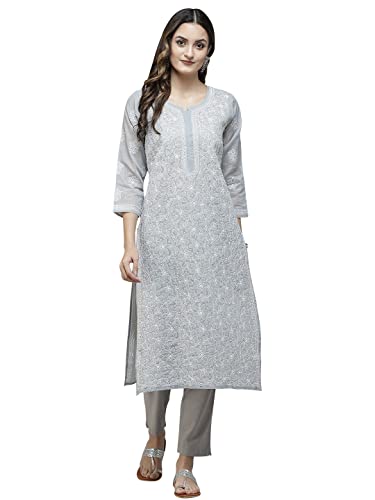 Ada Women’s Hand Embroidered Traditional Indian Chikankari Pure Cotton Grey Kurta/Kurti A411386 (M)