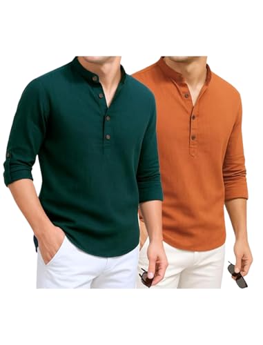 Image of DEEMOON Combo of Men's Cotton Blend Solid Regular Fit Full Sleeve Short Kurta | Men's Trendy Short Kurta Pack of 2 (Available in Plus Size & Combo Packs)