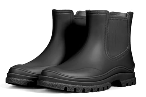 Meik Mangni Gummistiefel Damen Kurze Regenstiefel Wasserdicht Stiefeletten Chelsea Stiefel Mode Gartenschuhe mit Rutschfest Sohle,Schwarz,Gr:40 EU