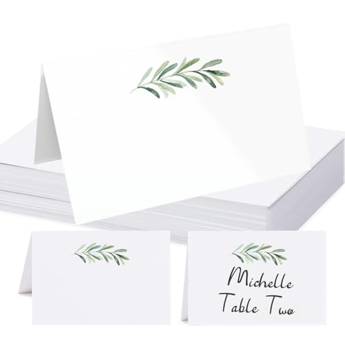 100 PCS Table Place Cards, Reception Seating Number Name Holder for Tableware Setting Wedding Birthday Dinner Party(Green Leaf F)