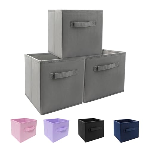 EBIGIC Mini Size 3-Pack Cube Storage Bins 9.0"x7.5"x7.5" Fabirc Foldable Closet Toy Organizer Collapsible Cloth Gray
