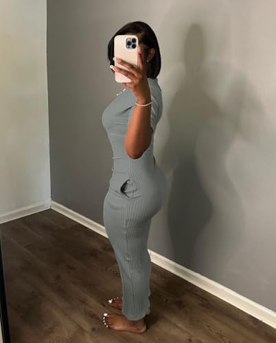Image of Women's Casual Short Sleeve Dress T Shirt Bodycon Dresses Ribbed V Neck Maxi Sundress Basic Party Club Dress with Pocket