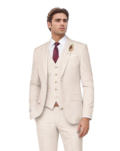 Linen Suit Men 3-Piece Slimt Fit Notch Lapel Blazer Vest Pants Summer Wedding Beach Party