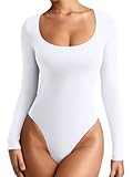 REORIA Womens Basic Sexy Scoop Neck Long Sleeve Leotards Fashion Fall Outfits Double Lined Layering Slim Soft Bodysuits Tops White Medium