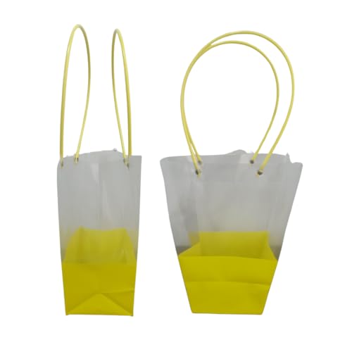 Image of Oasis Pack Of 10 Multipurpose Medium Size Waterproof Bags With Handles For Floral Arrangement - Retail ,Bulk, Florist Supply, Gift Hamper Bags For Rakhi, Birthday, Diwali, House Warming, Party Favour | 26 cm X 24cm X 12cm - Transparent Dual Color Yellow