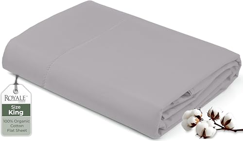 Royale Linens 100% Organic Cotton King Flat Sheet Only - Super Soft - Percale Top Sheets - King Flat Sheet Sold Separately - Breathable, Cool & Crisp Sheets Only (105" x 102", Silver)