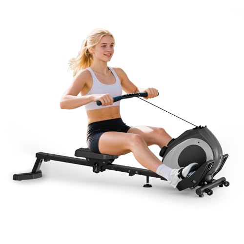 Rowing Machine for Home Fitness, Adjustable Resistance, Padded Seat, 16 Levels of Quiet Resistance, Magnetic Rower with Extended Slide Rail, Black and Gray
