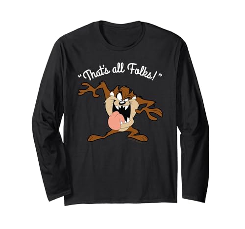 Looney Tunes Taz That's All Folks White Long Sleeve T-Shirt, Adult Unisex, Black, Medium