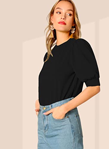 Image of Dream Beauty Fashion Women's Puff Sleeve Round High Neck Top Balloon Bishop Sleeve Elegant Casual Tee (23 inch Inches)- (Top Sofia P)