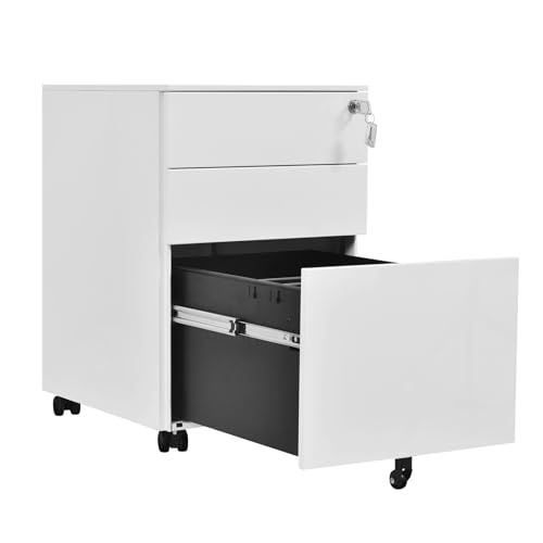 Luxsuite Steel File Cabinet 3 Drawers Metal Office Under Desk Document Storage Furniture White Vertical Locking Mobile Filing Organiser Unit On 5 Wheels