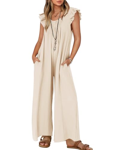 ZESICA Women's Summer Loose Jumpsuit Casual V Neck Sleeveless Oversized Wide Leg Pant Overalls Romper with Pockets,Apricot,X-Large