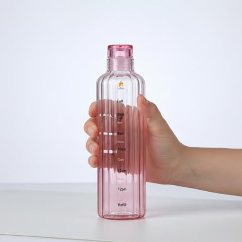 Image of Borosilicate Glass Water Bottles with Cap, Water Bottle 500ML Glass Motivational Time Marker Drink Bottle Cute Glass Milk Juice Drinking Bottles for Girls Kids Women for School, Gym (Pink)