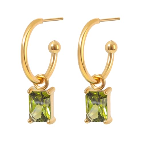 5 * 7mm Emerald-cut Birthstone Earrings for Women 18K Gold Half Hoop Dangle Earrings Birthstone Jewelry Birthday Gift for Her