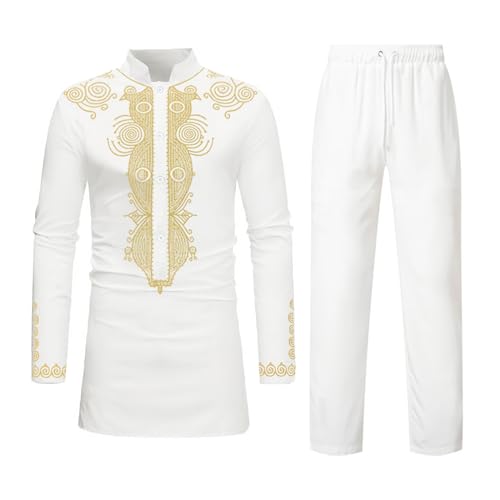 HEFASDM Men's African Dashiki 2 Piece Suit Traditional Long Sleeve Kurta and Pants Outfits Set