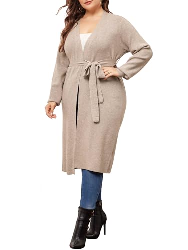 Image of Agnes Orinda Plus Size Sweater Cardigan for Women Knit Sweater Long Sleeve Belted Overwear Long Cardigans Coat Winter