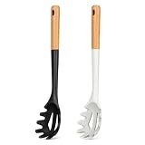 Silicone Pasta Fork, Kitchen Heat Resistant Noodle Spoon Server, BPA Free Spaghetti Strainer,12.8 inch (Black & White)