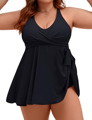 Edelqual Plus Size Tankini Swimsuits for Women Two Piece Tummy Control Bathing Suit Swim Dress Swimwear Full Coverage Swimdresses with High Waist Shorts (Black,XL)