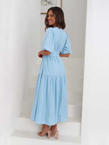 Image of Womens Deep V Neck Puff Short Sleeve Tired Maxi Dress Boho Long Flowy Summer Dresses