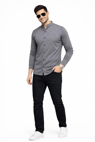Image of Blisstone Men's Band Collar Shirt - Full Sleeve Slim Fit Casual Cotton Blend Mandarin Collar Button Down Shirt