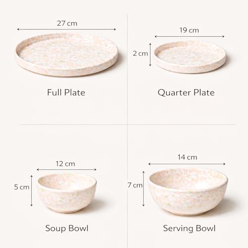 Image of MARKET 99 Minto Light Pink Stoneware Dinner Set, 14 Pieces for 4 Persons with 4 Dinner Plates, 4 Quarter Plates, 4 Soup Bowls (250ml) & 2 Serving Bowls (650ml), Glossy Tableware