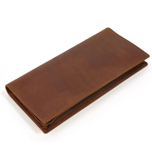 Long Genuine Leather Wallet for Men Double Zip Bifold Ample Storage for Bills Cards Mobile Perfect for Business Journeys (Brown)