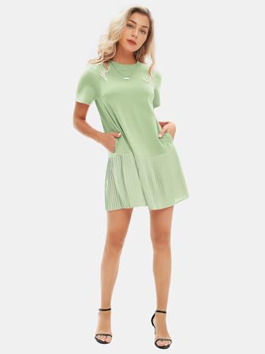 Image of EXLURA Womens Summer Casual Short Sleeve Dress Crewneck Tshirt Dresses Pleated Aline Mini Dress 2025 Vacation Beach Sundress