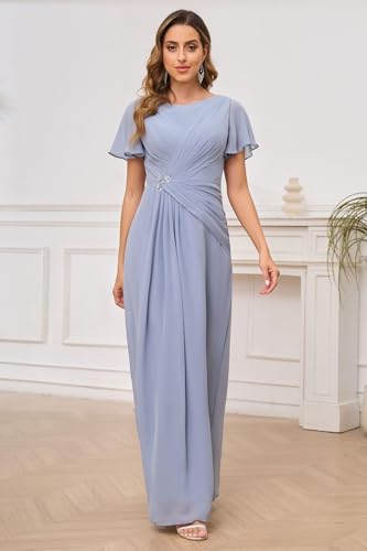 Mother of The Bride Dresses Short Sleeve A-line Scoop Ankle Length Chiffon Elegant Wedding Guest Dress with Beading Pleated2