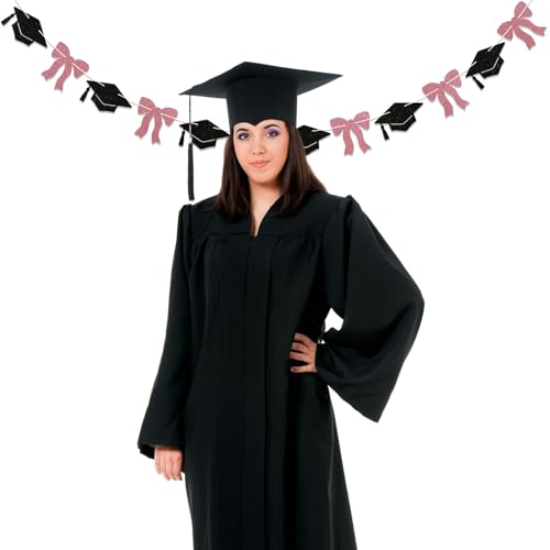Image of Pink Graduation Decorations - Pink Bow & Graduate Cap Garland, Trendy Graduation Party Decor, 2026 Graduation Party Decorations for Girls Rose Gold Black Glitter