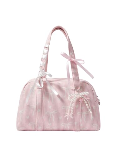 Women's Y2K Corduroy Bow Print Shoulder Bag Heart Zipper Double Handle Underarm Preppy Uniform Bags
