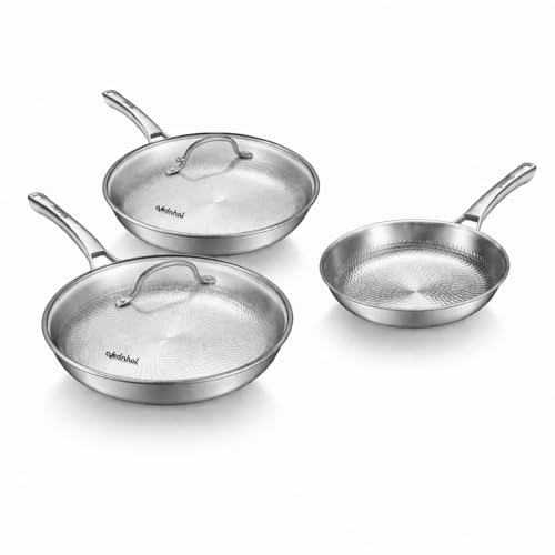 VEDNHOL 8/10/12Inch Pure Titanium Hammered Pro Pan with Two Lids, Non-Toxic Skillet for Cooking, PFAS/PFOA/PTFE Free Cookware, Dishwasher&Oven Safe, Kitchen Induction Compatible