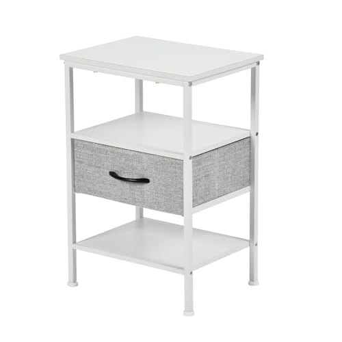 FetiNes Mesita de noche con base de carga, mesita de noche con cajón de tela ajustable, mesita de noche para dormitorio, mesa auxiliar de 3 niveles con espacio de almacenamiento para sala de estar,