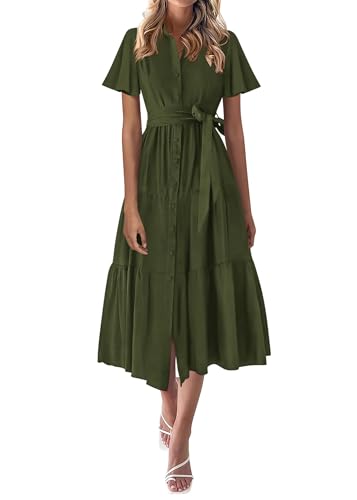 Image of KIRUNDO Summer Button Down Wedding Guest Shirt Dresses for Women Maxi Flutter Short Sleeve Flowy Tiered Beach Sun Dress