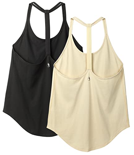 icyzone Women's T-Back Workout Tank Tops Black/Cream White S