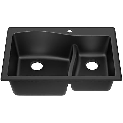KRAUS Quarza 33-inch Drop-In/Undermount 60/40 Double Bowl Granite Kitchen Sink in Black, KGD-442BLACK
