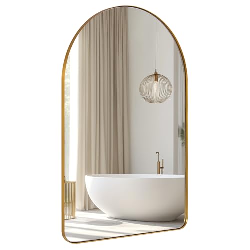 Image of ANDY STAR Arched Mirror, 24 x 36 Inch Gold Wall Mirror in Stainless Steel Metal Frame, Arch Top Rounded Corner 1 Inch Deep Set Design Wall Mount Hangs Vertical