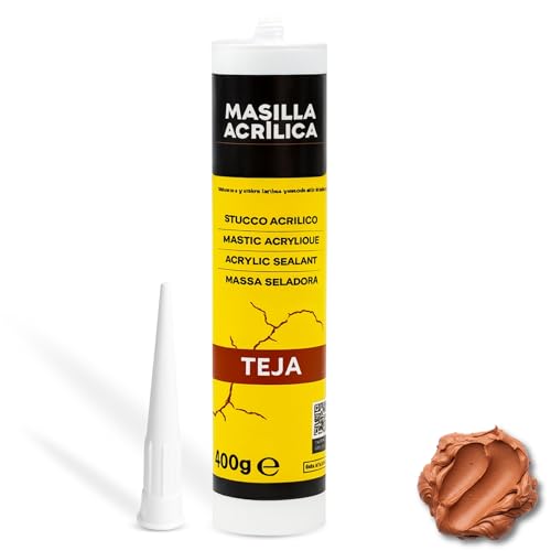 Masilla Acrílica Teja, Ideal adherencia sobre soportes absorbentes, secos y limpios, Masilla lista al uso, Rellenadora de agujeros, Formato cartucho para pistola, Color Teja, Contiene 400 gramos