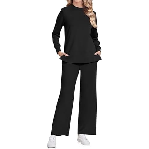 UEU Two Piece Outfits for Women Lounge Sets Long Sleeve Sweatsuits Tall Sweatpants Casual Travel Fashion Matching Loungewear Track Suit Trendy Clothes 2024 Fall Clearance Black S Cover