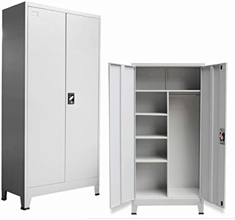 Lockable Office Filing Cabinet, Metal Storage Cupboard Unit With 6 Compartments, Office Wardrobe With Hanging Rail, Light Grey (Light Grey)