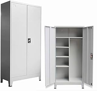 Lockable Office Filing Cabinet, Metal Storage Cupboard Unit With 6 Compartments, Office Wardrobe With Hanging Rail, Light Grey (Light Grey)