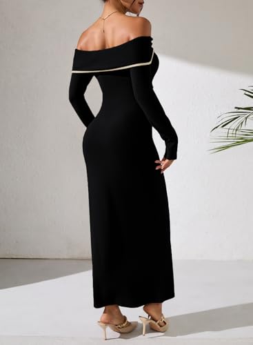 HUUSA Off The Shoulder Dress for Women 2025 Long Sleeve Bodycon Sexy Party Maxi Color Block Dresses4
