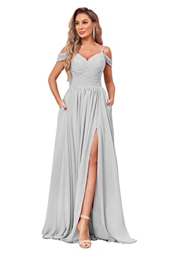 Image of BOLENSYE Off the Shoulder Bridesmaid Dresses with Pockets Ruched Chiffon Long Slit Formal Evening Gown
