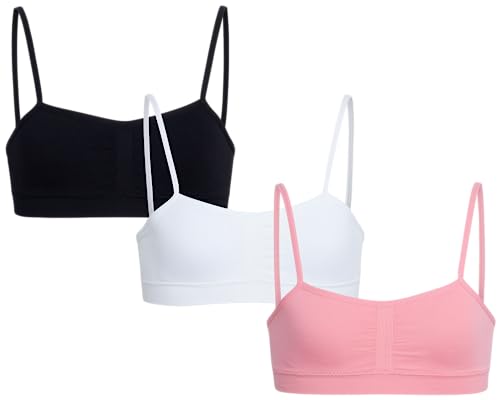 Sweet & Sassy Girls' Training Bra - 3 Pack Seamless Cami Bralette, Removable Pads - First Time Beginner Bra for Girls (S-L)