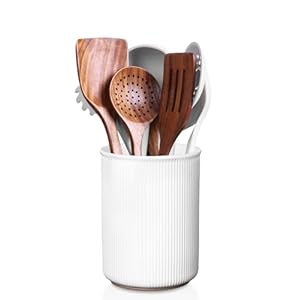 LoeJan Utensil Holder, Extra Large Utensil Crock, Stable Ceramic Utensil Organizer, Cooking Tool Organizer Set for Kitchen Counter Farmhouse Decor (E-6.7″ White)