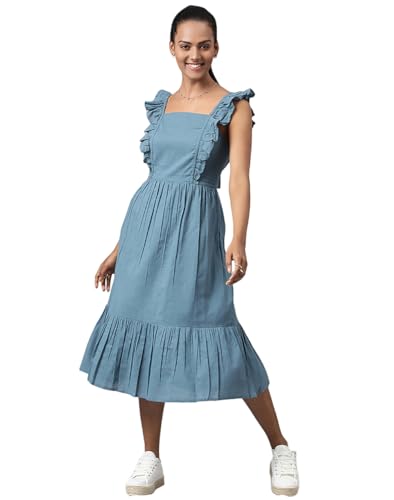 Image of Fabindia Women Back Tie Up Dress Cotton Teal
